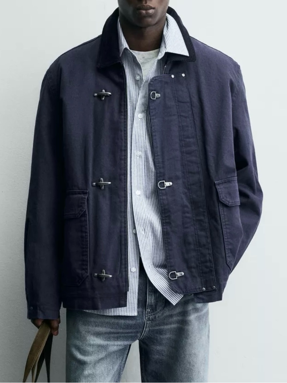Zara Contrast Collar Fireman Clasp Barn Jacket  XL Blue